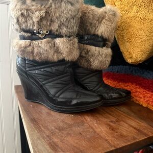 Via Spiga Black Wedge Shoes with Real fur cuff